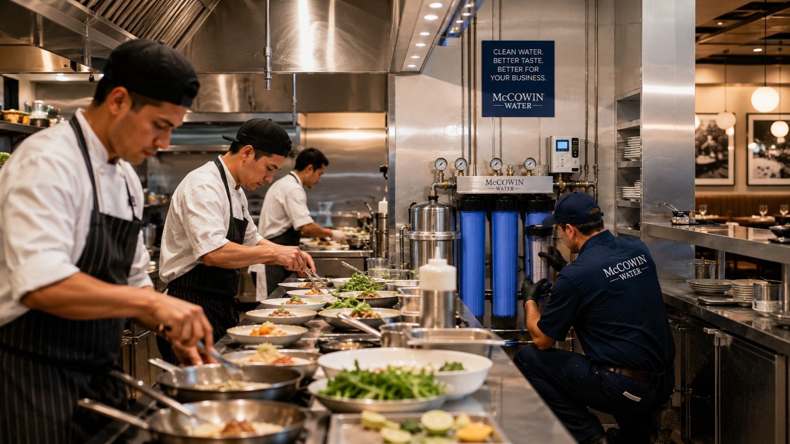 Busy restaurant kitchen during lunch preparation with chefs cooking while a McCowin Water technician quietly services a commercial water filtration system in the background