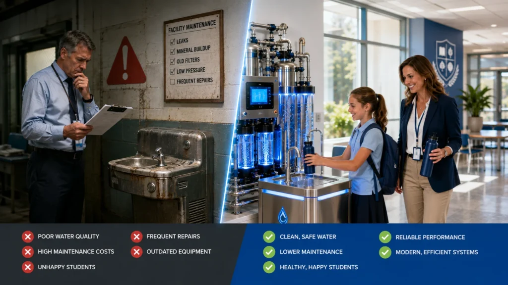 Commercial Water Filters comparison for schools showing clean filtered water versus outdated water systems