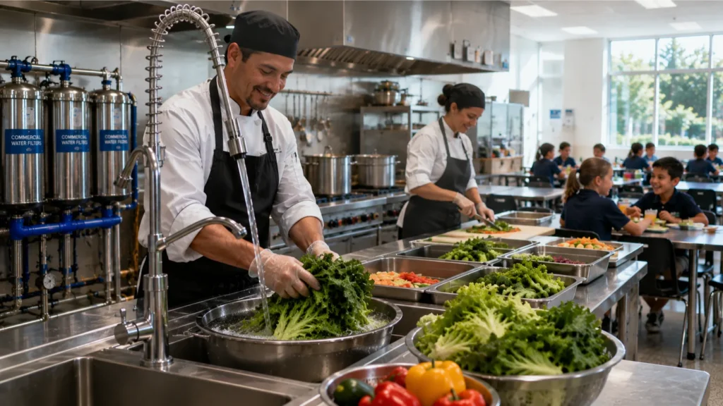 Commercial Water Filters providing clean water for school cafeteria kitchens and food preparation