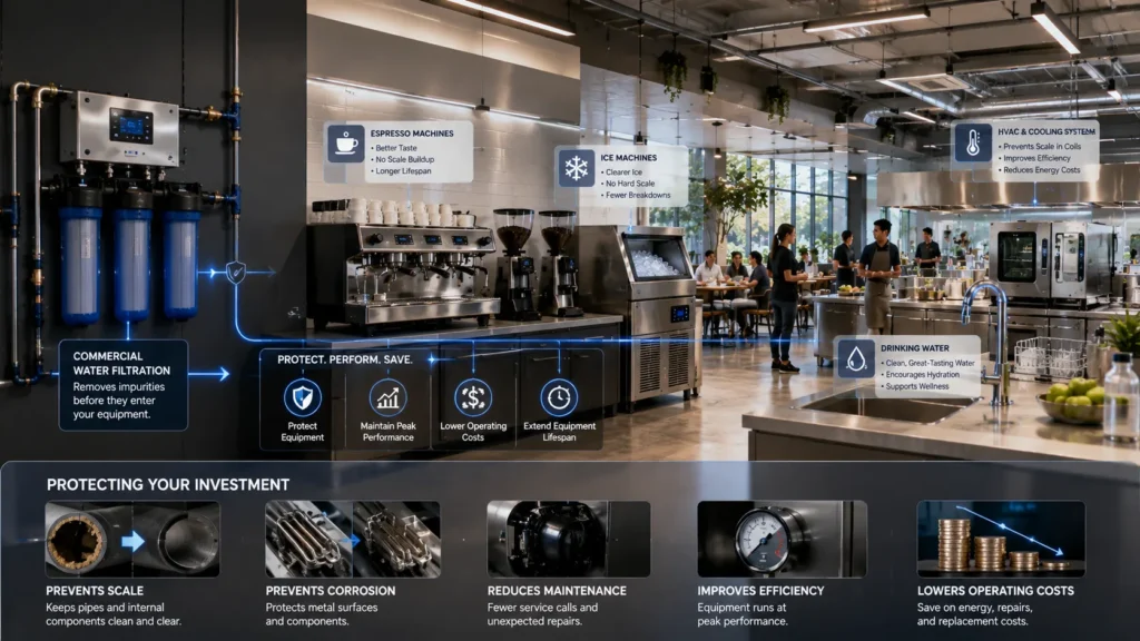 Commercial water filtration helping protect commercial coffee machines, ice makers, and HVAC equipment.