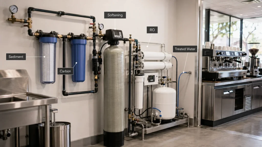 Commercial water treatment system with realistic filtration, softening and reverse osmosis components connected to cafe brewing equipment