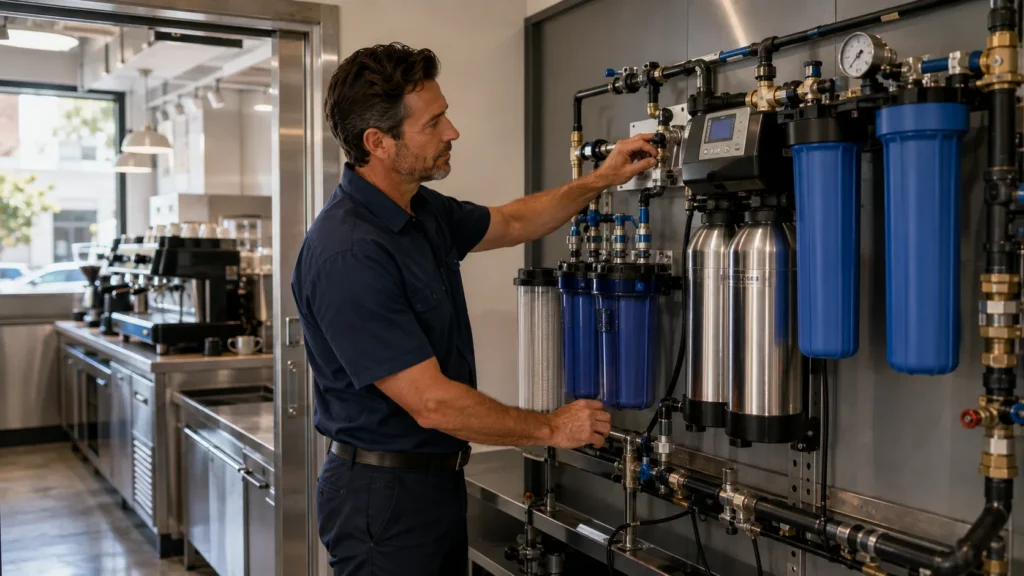 Commercial water treatment system installation with a technician checking valves, pressure and service access in an Irvine cafe utility area