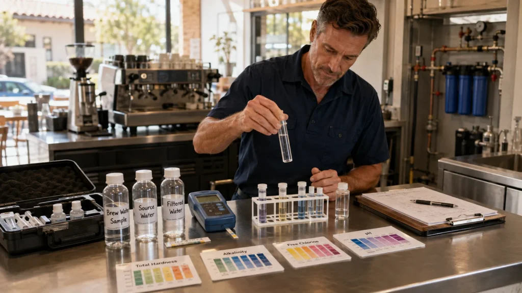 Commercial water treatment system evaluation showing a technician testing cafe water for hardness, alkalinity and chlorine before equipment selection