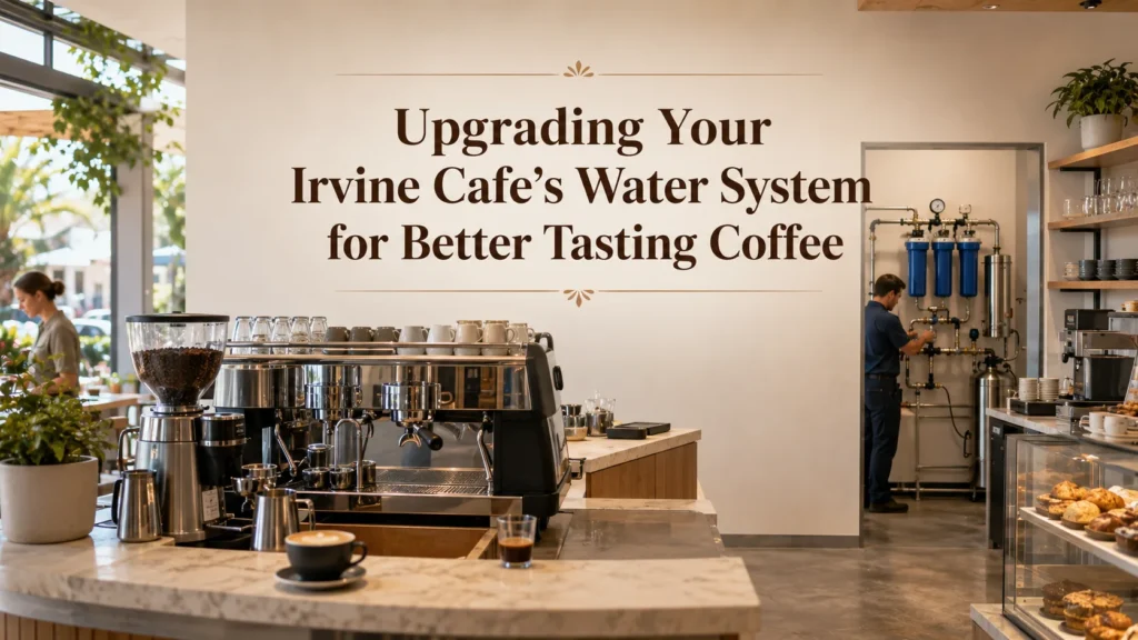 Commercial water treatment system professionally installed for an upscale Irvine cafe serving espresso and brewed coffee