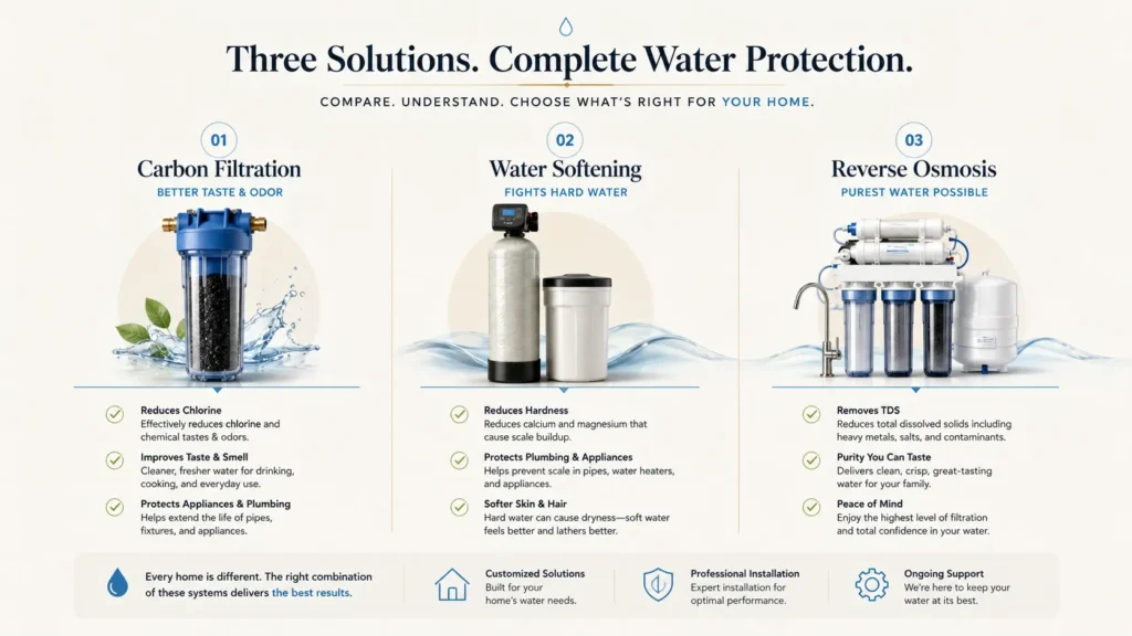 Comparison graphic detailing media options for a Custom Whole-Home Filtration Installation including carbon and reverse osmosis.