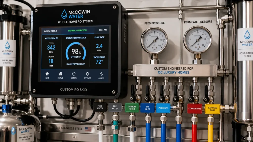 A detailed macro close-up of the digital control panel and pressure gauges on a custom Whole-Home RO Filtration skid. High-efficiency filtration readouts on the digital display, polished metallic valves, pressure vessels, and color-coded manifold lines. Clean lighting, architectural detail, showing industrial-grade quality engineered for residential use.
