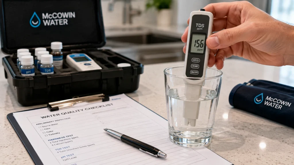 A digital water test meter showing TDS levels during a free in home water evaluation.