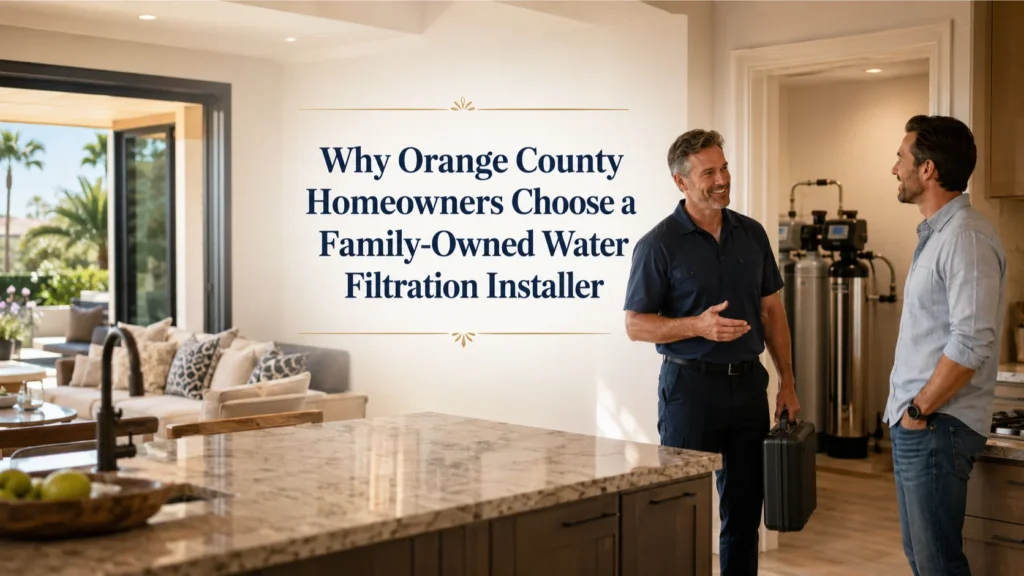 Family-owned water filtration installer discussing water treatment options with an Orange County homeowner in a modern home
