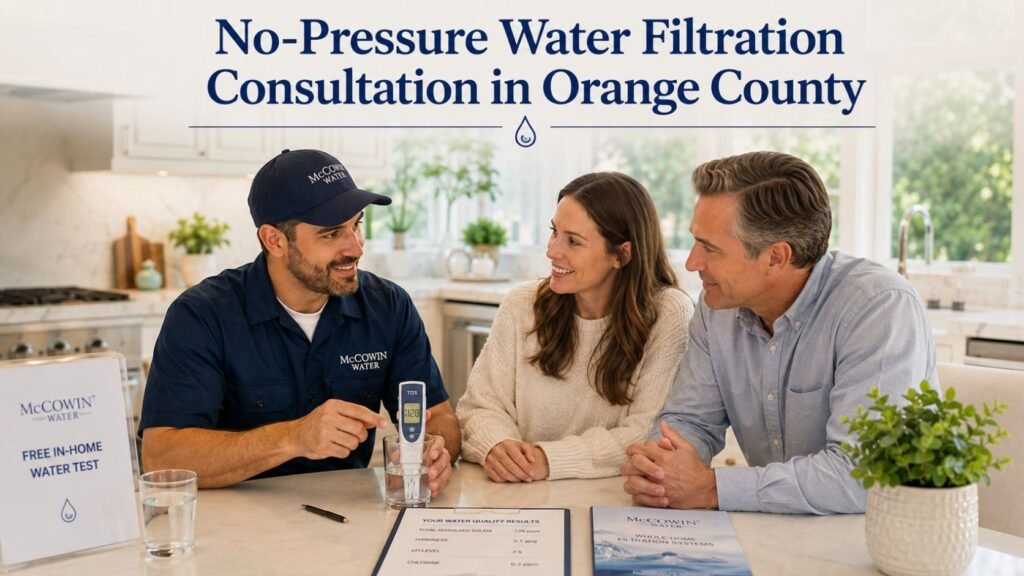 Family-owned McCowin Water technician providing a no-pressure whole-home RO consultation in Orange County.