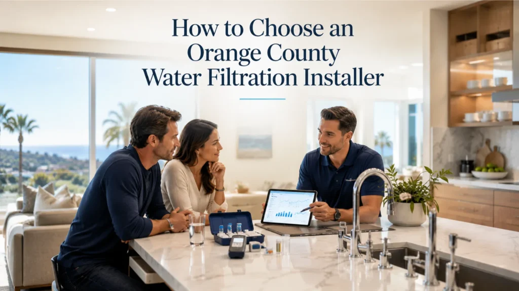 Orange County water filtration installer conducting a professional in-home water evaluation in a luxury Orange County kitchen