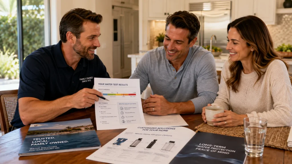 Local installers providing honest water treatment recommendations during a family consultation.