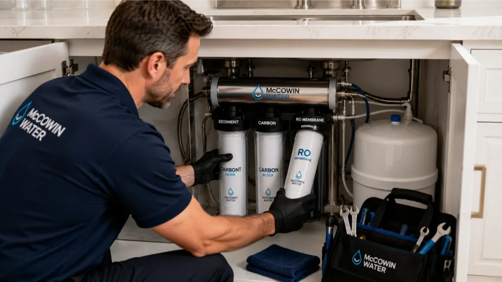 Dedicated water company technician replacing filter cartridges during routine reverse osmosis maintenance.