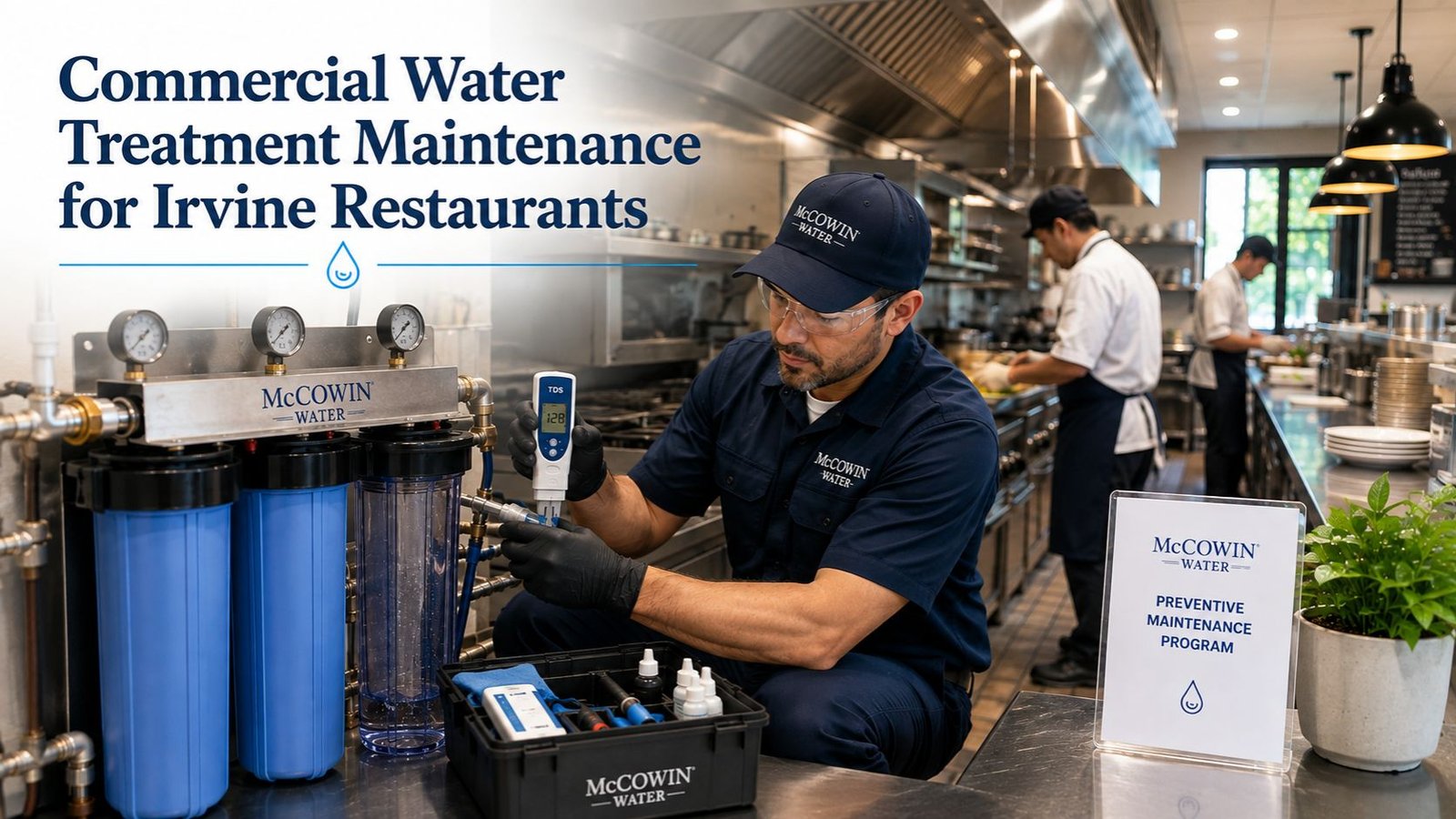 McCowin Water technician maintaining a commercial water treatment system in an Irvine restaurant kitchen