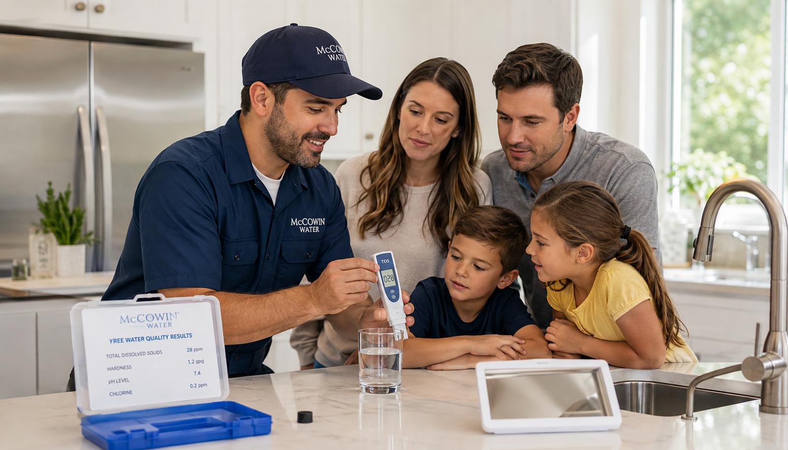 McCowin Water technician performing a free in-home water test for a family in Orange County.