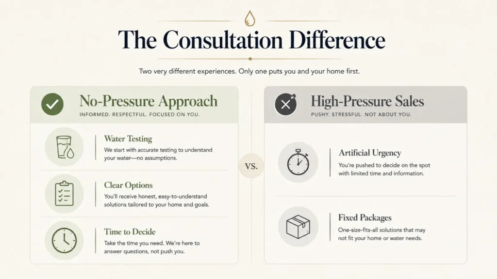 Comparison graphic illustrating the benefits of No-Pressure Water Filter Sales over high-pressure tactics.