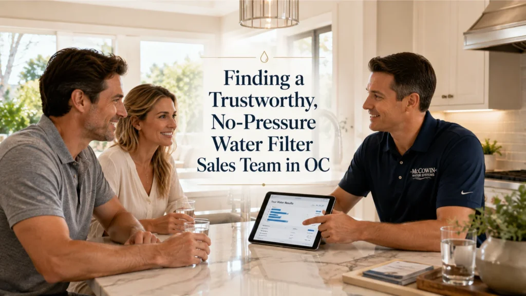 Homeowners enjoying a friendly consultation with a No-Pressure Water Filter Sales team in Orange County.