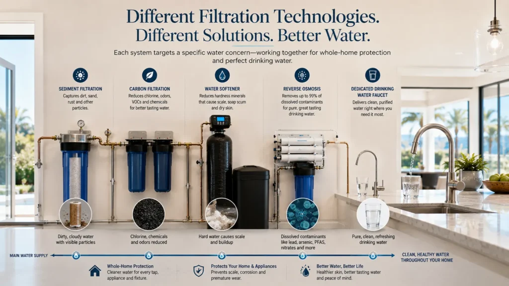 Orange County water filtration installer comparing whole-home filtration, softening, reverse osmosis, carbon, and sediment treatment
