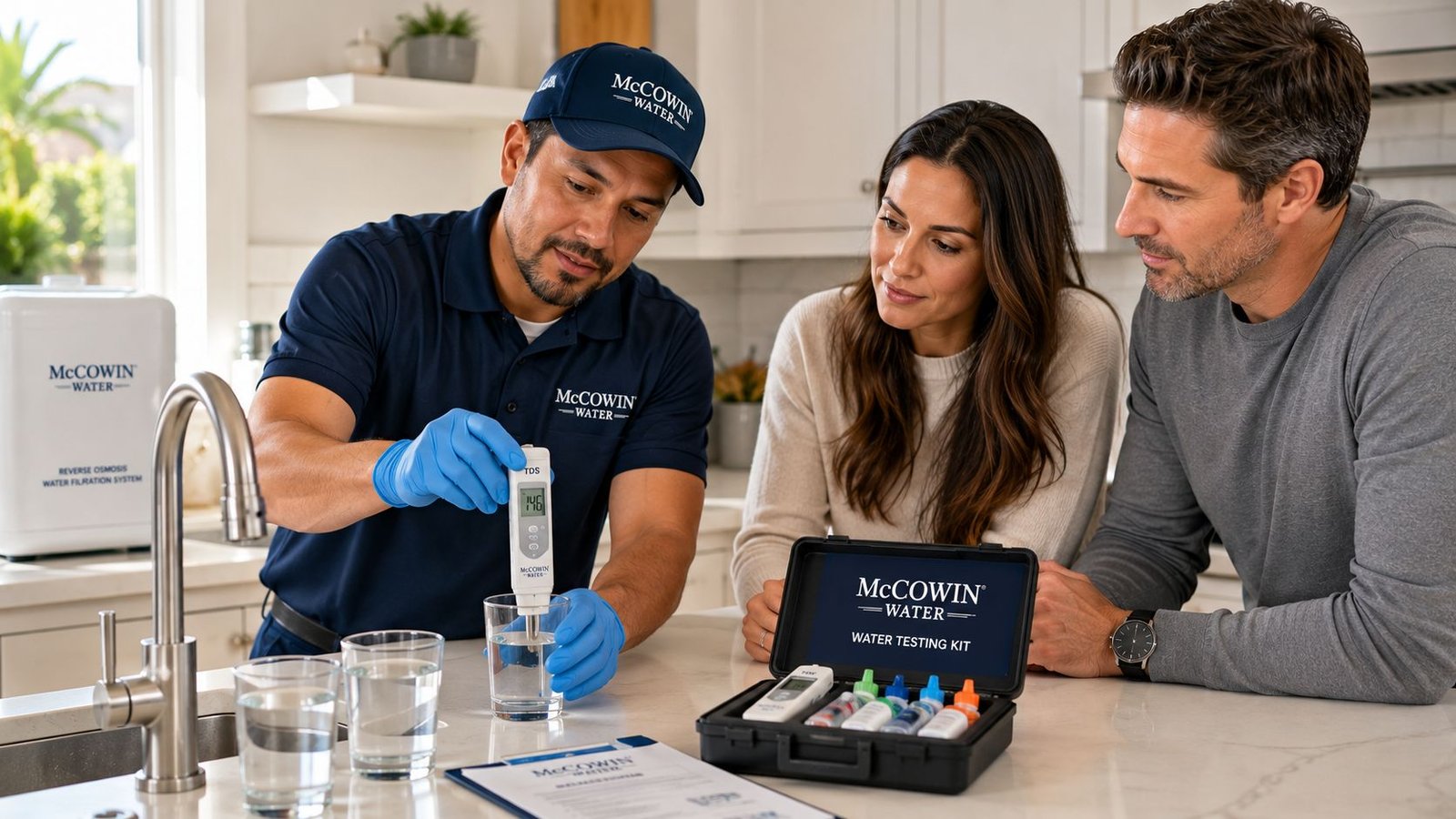 Professional in-home water testing before choosing between Whole-Home RO and carbon filtration