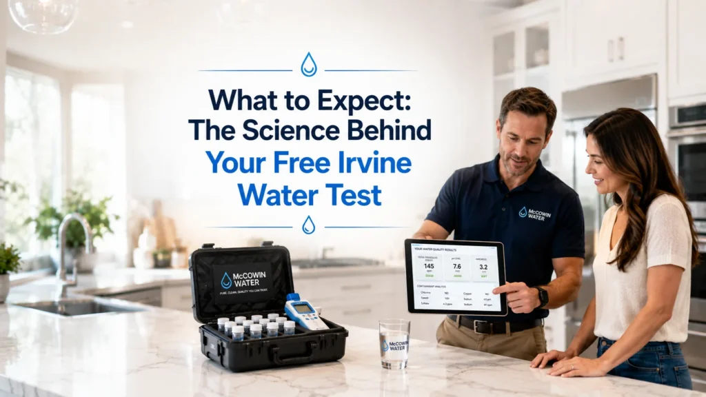 A water treatment specialist conducting a comprehensive professional in home water test for an Irvine homeowner in a modern kitchen.