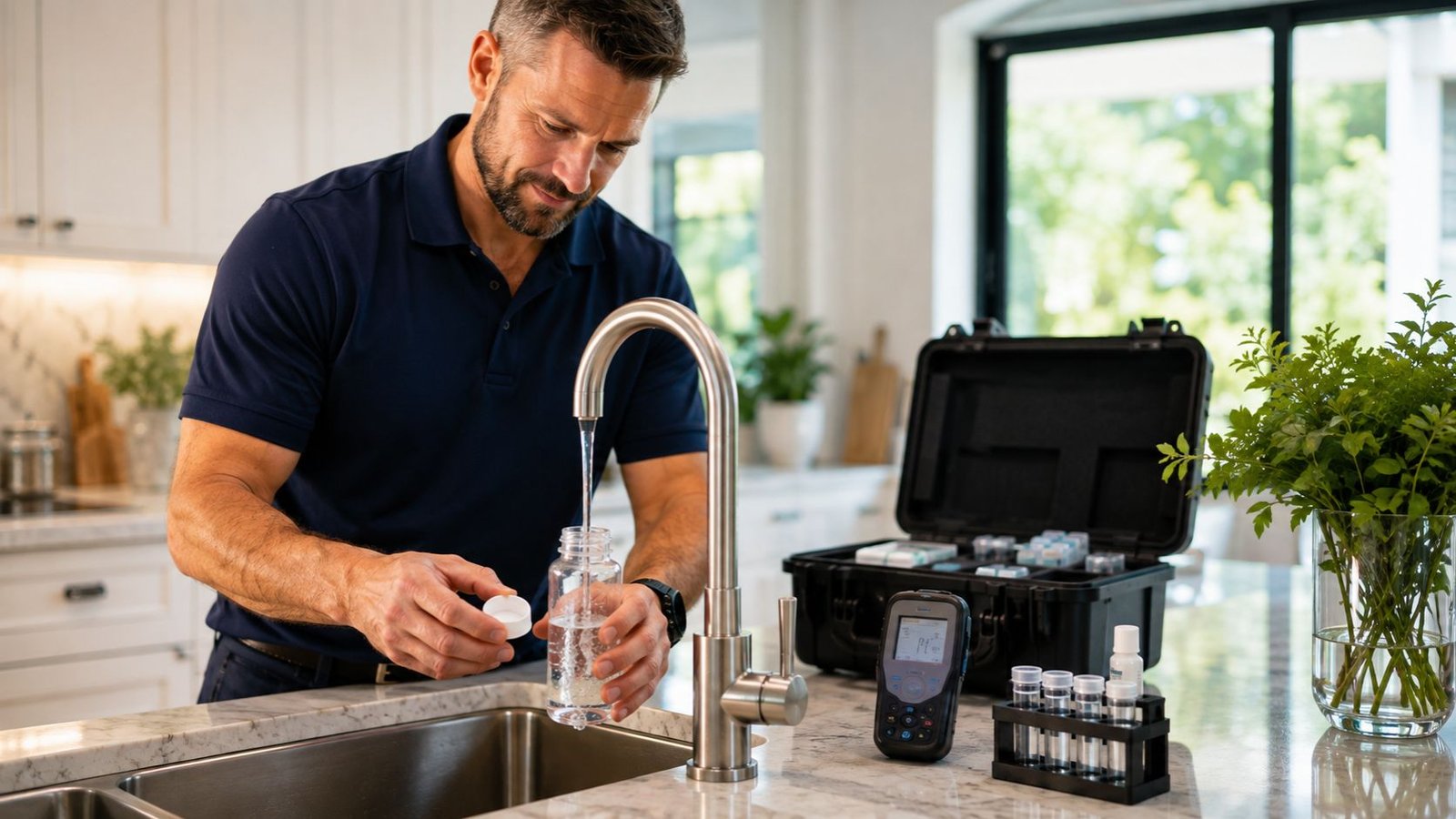 Professional tap water testing for heavy metals in an Irvine home