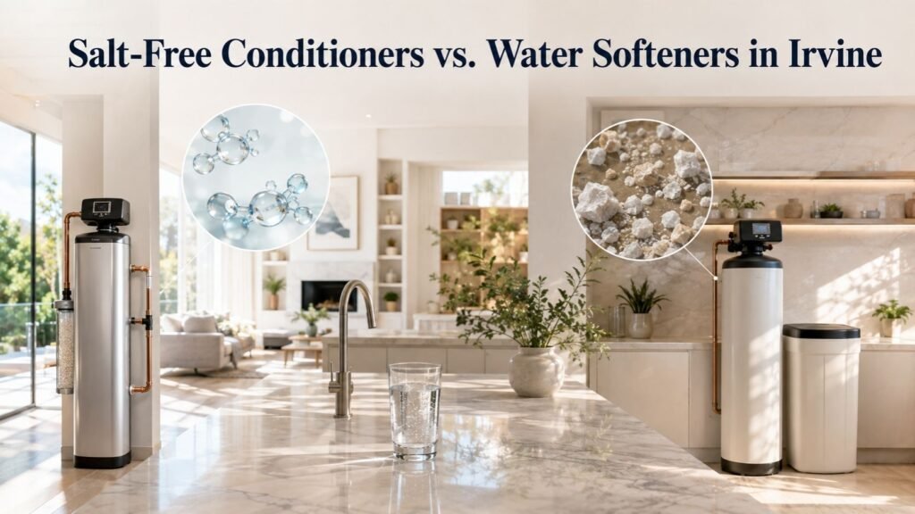 Salt-free conditioners vs water softeners in Irvine home water treatment comparison