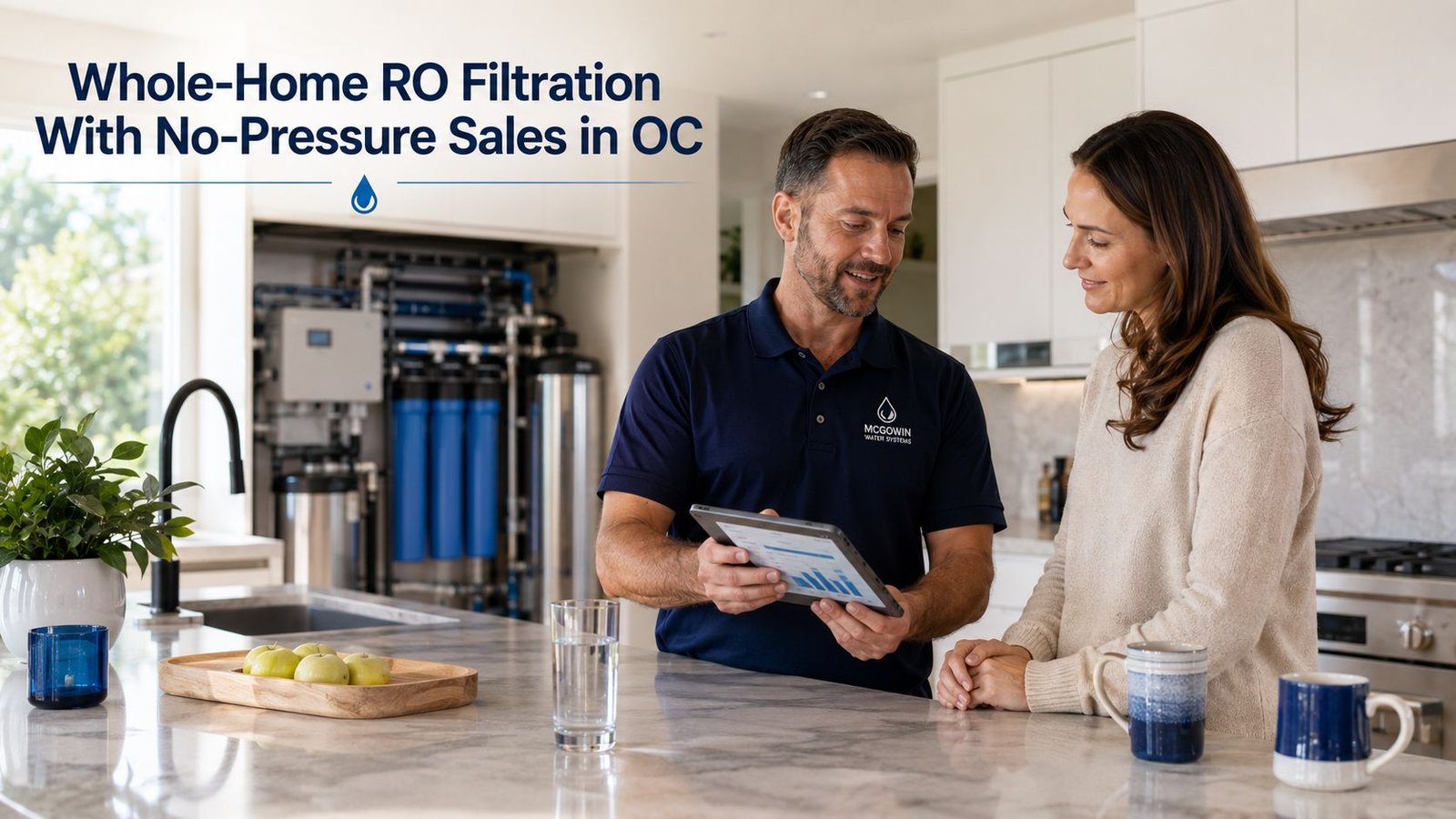 Technician explaining whole-home RO options during a no-pressure water consultation
