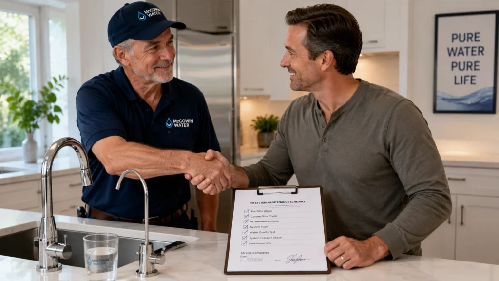Homeowner shaking hands with a representative from a trusted family owned water company after a service visit.