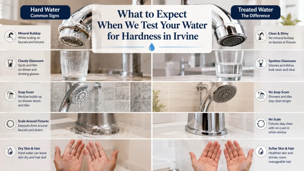 Water hardness causing mineral buildup, spots on glassware, and scale on household fixtures.