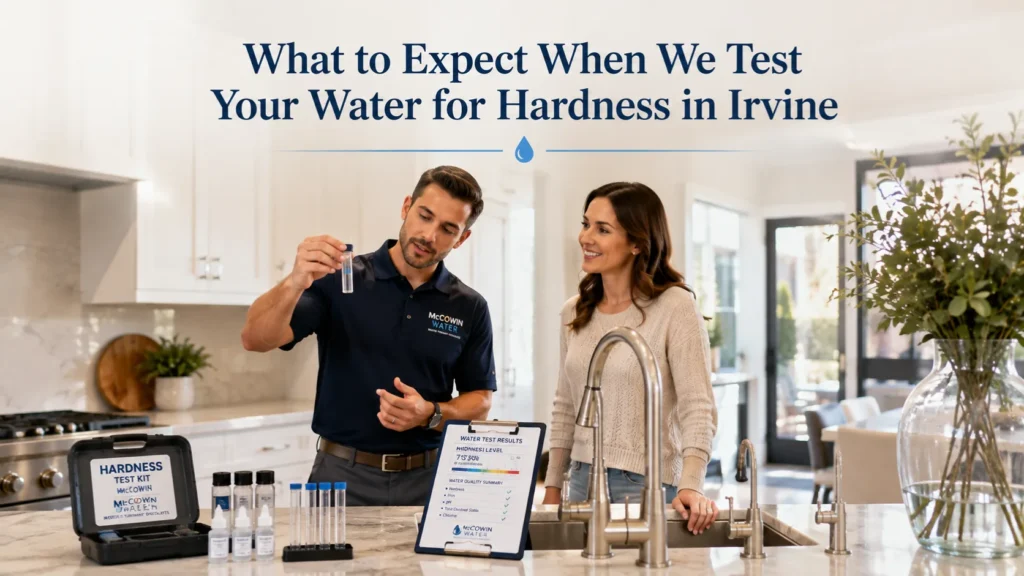 Water hardness testing performed by a professional during a free in-home water test in Irvine.