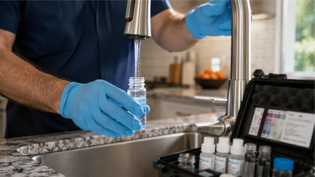 Professional water test sample collection from a residential kitchen faucet in Orange County.
