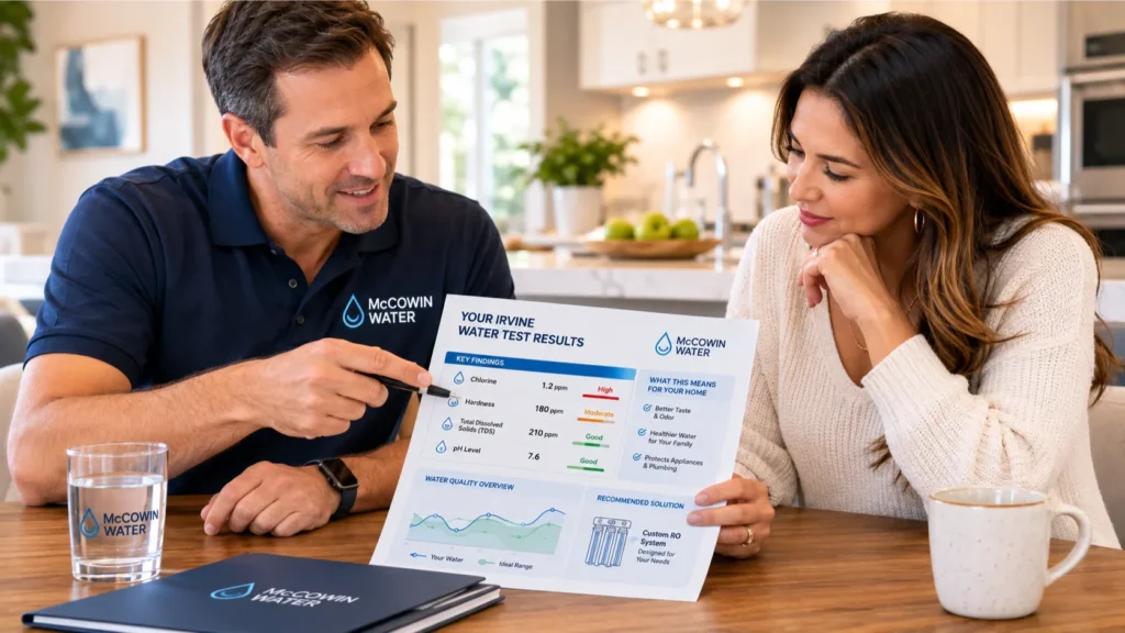 An expert water specialist educating a homeowner by explaining the science and data behind their personalized water test results.