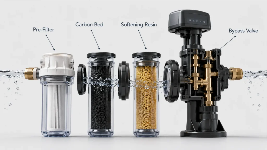 Labeled multi-stage exploded diagram detailing the core filtration components of a Whole-Home Filtration system