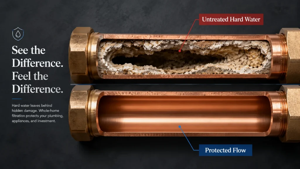 Mechanism cutaway showing how Whole-Home Filtration prevents costly hard water scale in plumbing and appliances