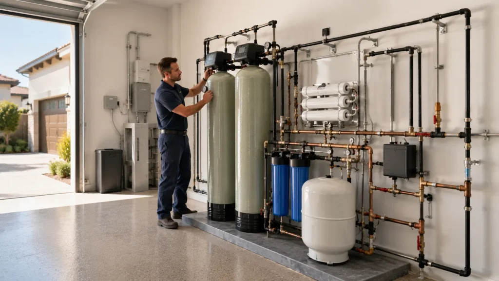Whole-home RO consultations showing realistic plumbing integration, pressure monitoring, equipment placement, and service access in a residential installation