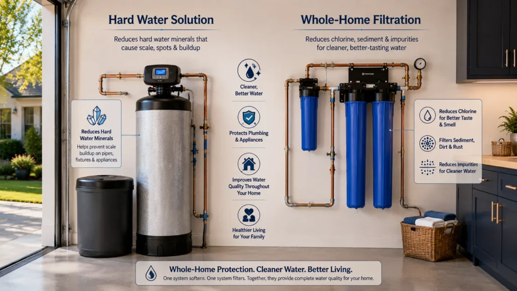 Whole-Home Systems comparison showing water softener versus whole-home filtration for Irvine homeowners.