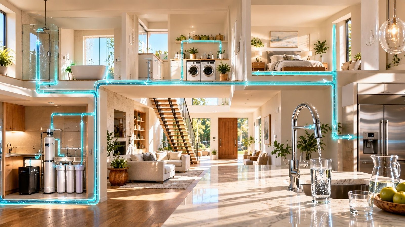 Whole-home filtration combined with point-of-use reverse osmosis in a modern home
