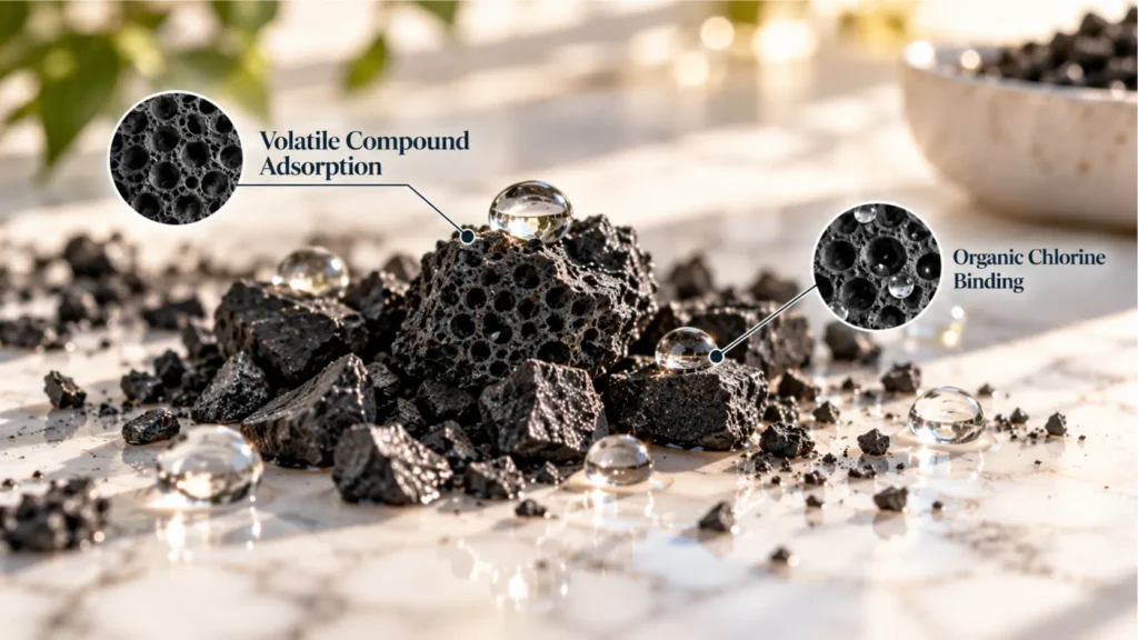 A macro texture study of porous activated carbon granules interacting with liquid, illustrating organic compound reduction in RO vs carbon filtration.