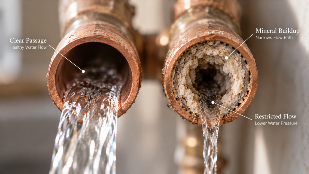A macro texture study of calcium mineral scale juxtaposed with a clear stream of water, illustrating how can mineral buildup cause low water pressure.