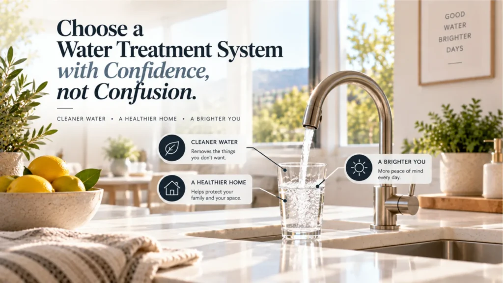 A pristine brushed nickel kitchen faucet delivering water in a modern home, showing the long-term surface preservation achieved when homeowners choose a water treatment system.
