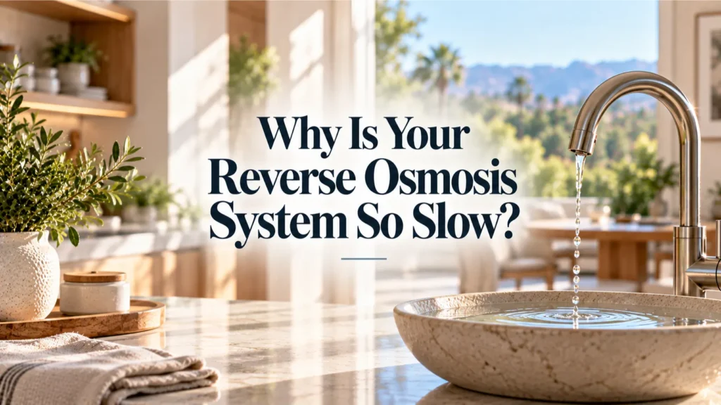 A sun-drenched Irvine kitchen and breakfast space setting the context for homeowners troubleshooting a slow reverse osmosis system.