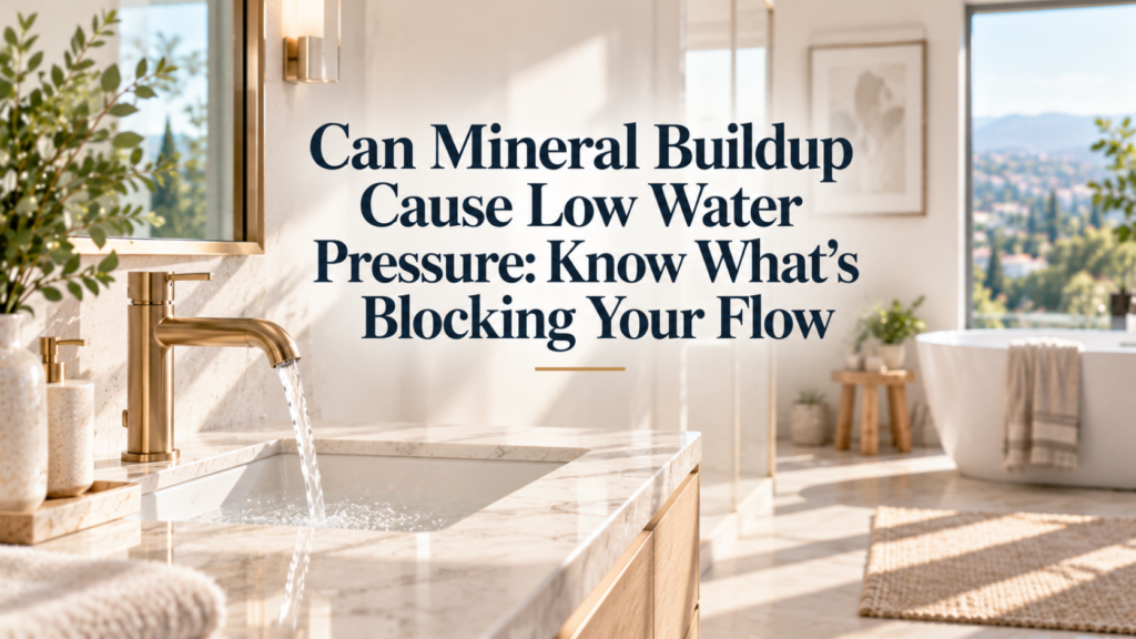 A sunlit Irvine master bathroom vanity setting the context for homeowners learning if can mineral buildup cause low water pressure.