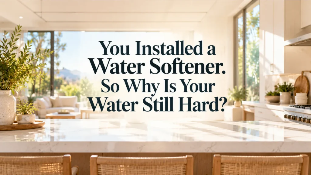 A sun-drenched Irvine kitchen setting the context for homeowners troubleshooting why water is still hard after water softener installation.