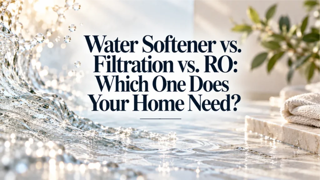 A bright, sunlit Irvine kitchen island setting the stage for evaluating water softener vs filtration vs RO systems for the home.
