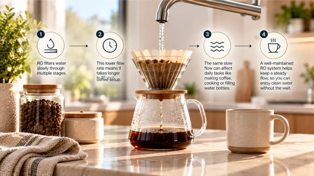 A high-end pour-over coffee setup on a light oak counter, showing how daily morning preparation is affected by a slow reverse osmosis system.