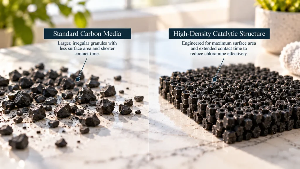 Macro photography comparing standard carbon filter granules with dense, high-surface catalytic carbon needed for chloramine in drinking water.