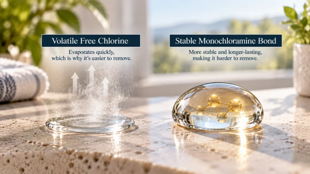 Conceptual macro imagery contrasting fast-evaporating free chlorine with resilient monochloramine bond structure in drinking water.