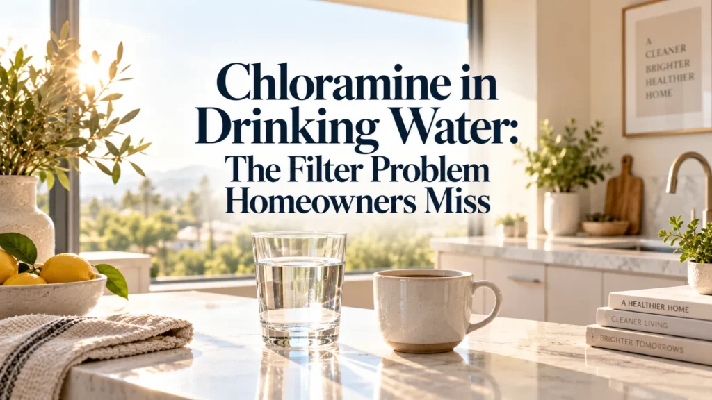 A serene Irvine kitchen morning scene with sunlight illuminating a freshly poured glass of water, illustrating chloramine in drinking water concerns.