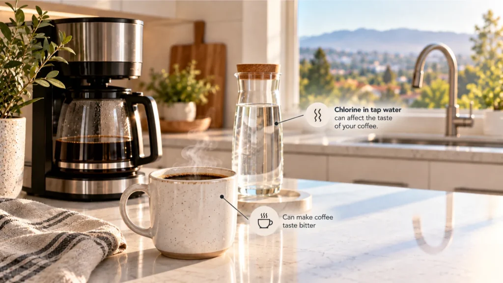 Flat-tasting coffee, illustrating how chlorine taste in water affects morning routines.