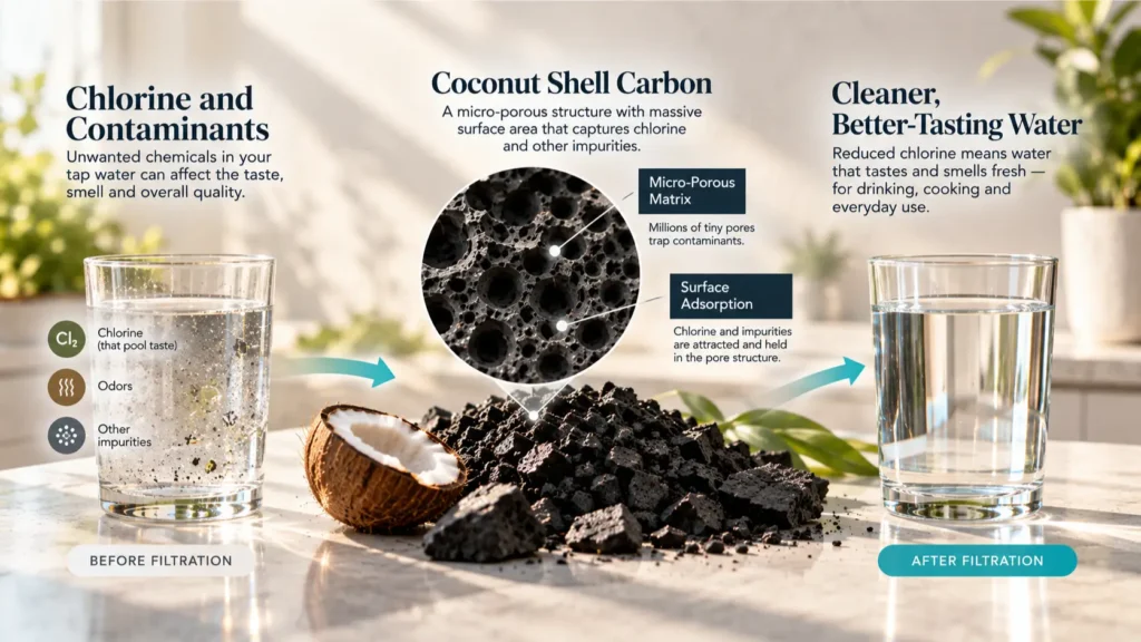 Microscopic architectural texture of natural catalytic porous media used to eliminate chlorine taste in water.