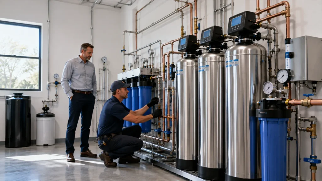Family-owned filtration installer helping in identifying specific water-quality concerns in an Orange County home